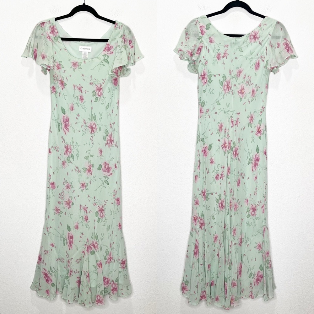 Chadwicks Mint Green Floral Maxi Dress with Pink Flowers